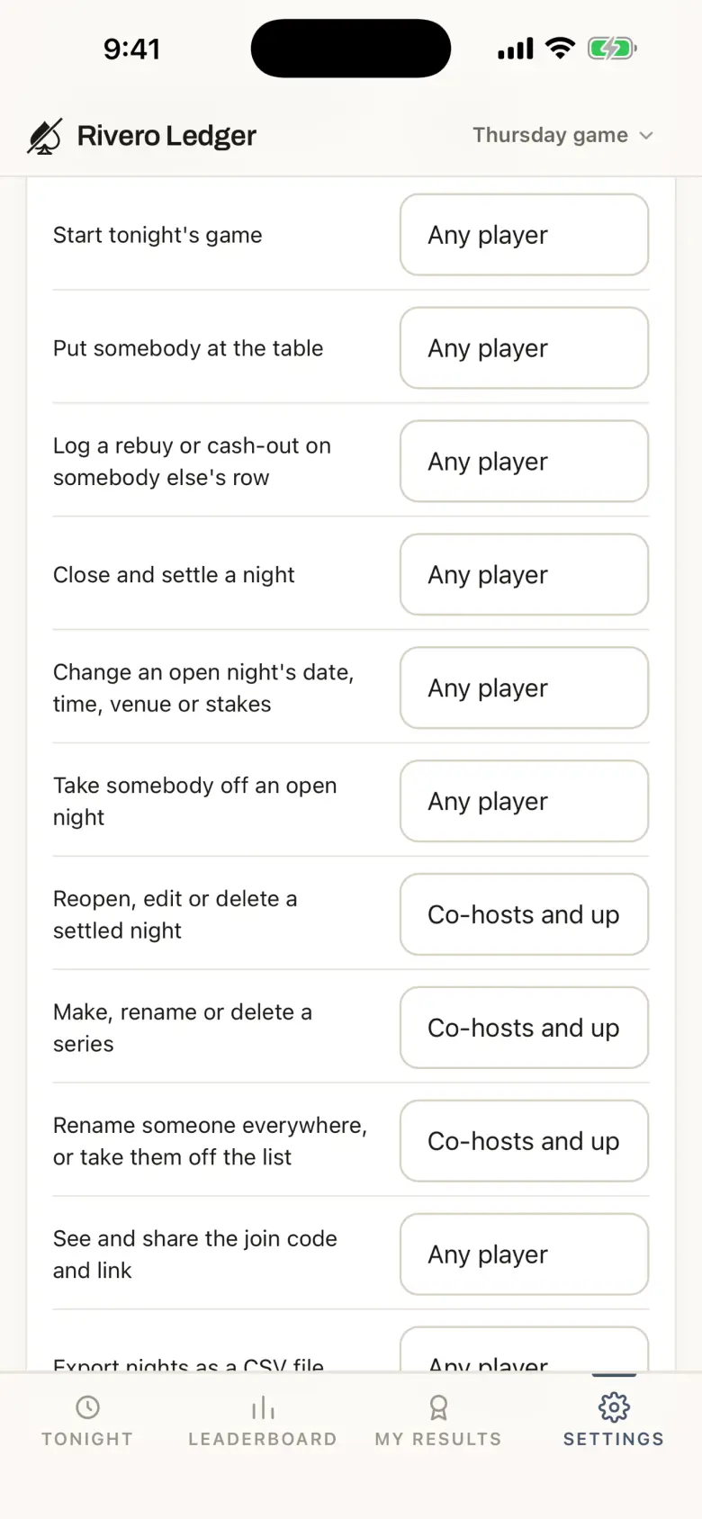 The Permissions page: each action and who is allowed to do it
