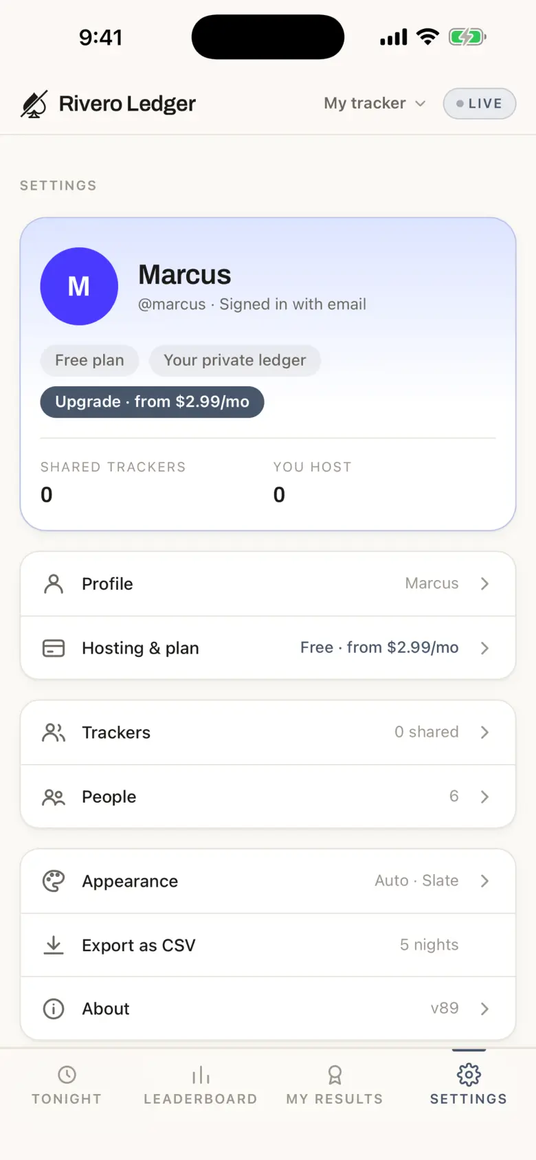 Settings: your card with name, username and plan, then Profile, Hosting and plan, Trackers, People, Appearance, Export as CSV, About