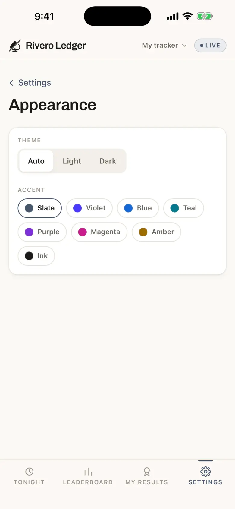 Appearance: theme Auto, Light or Dark, and eight accent colors