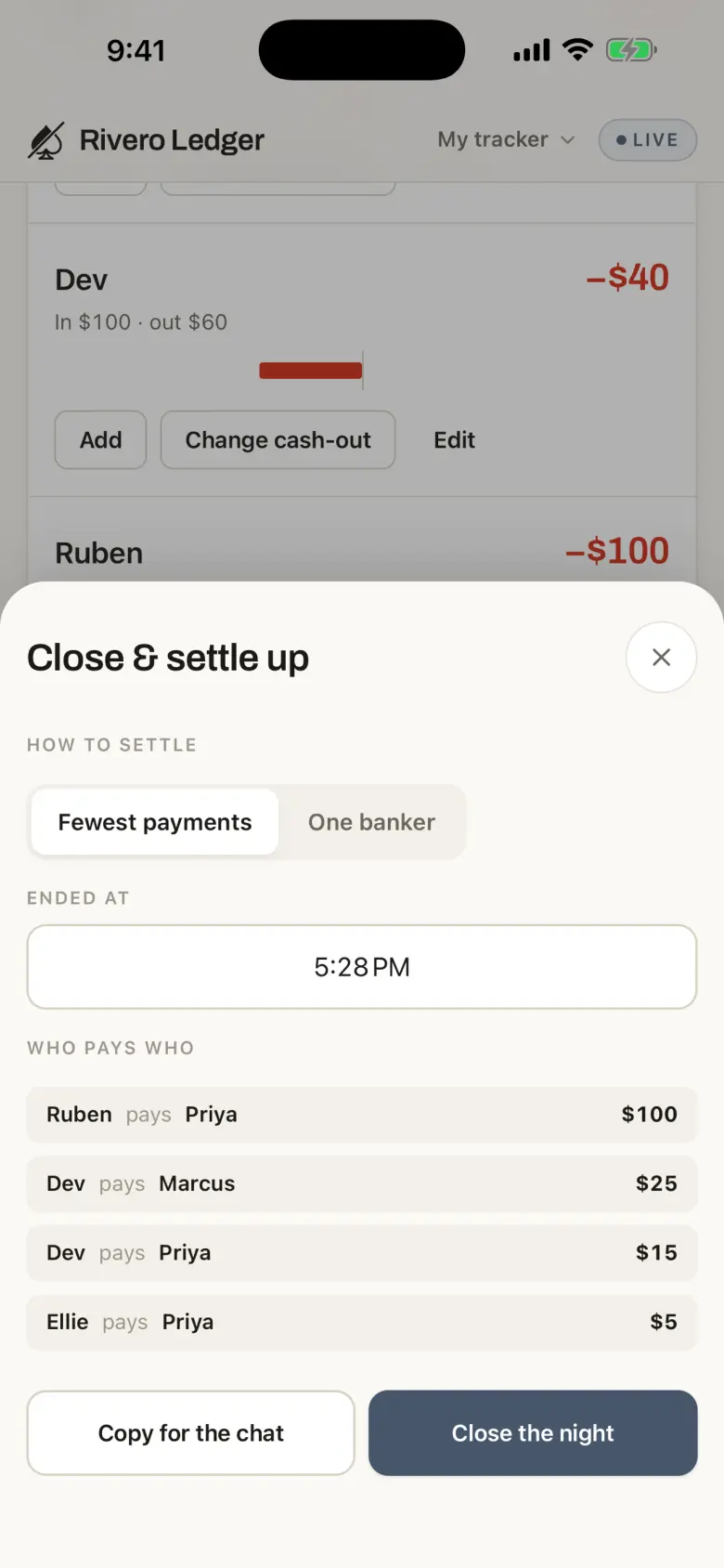 The Close and settle up sheet: fewest payments, who pays who, and Close the night